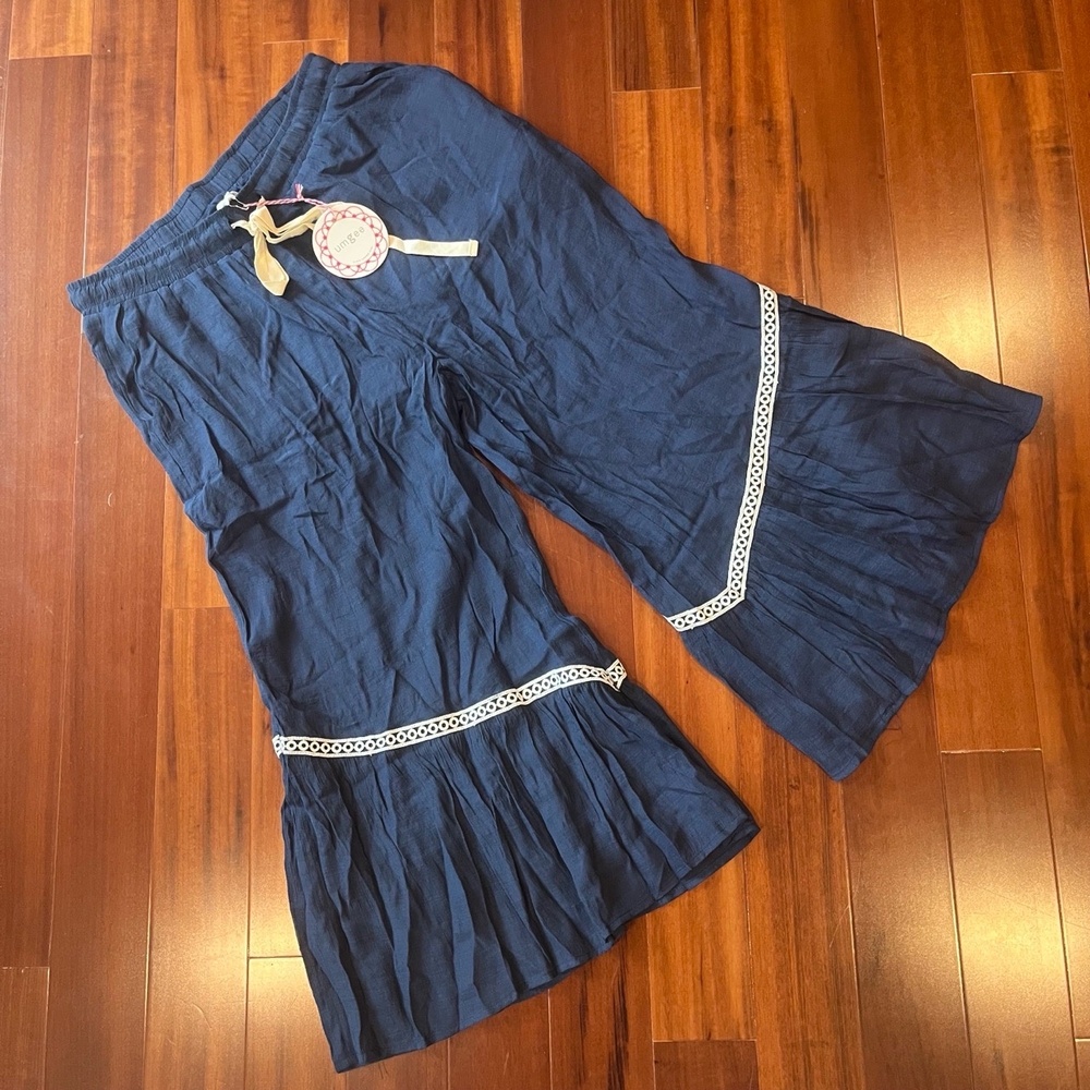 Umgee Pants Wide Leg Navy Blue Flare Capri Lace Trim Tie Waist Boho Size Medium